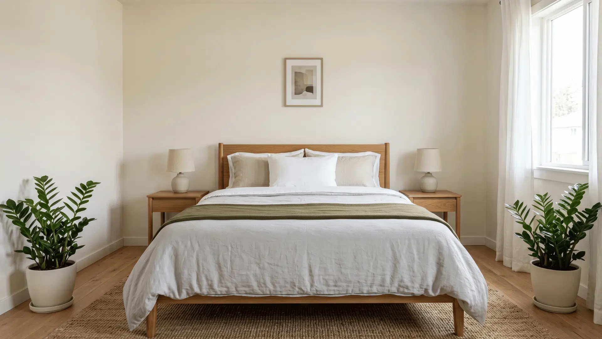 bedroom with bed and two zz plants in corners with soft shadow lighting