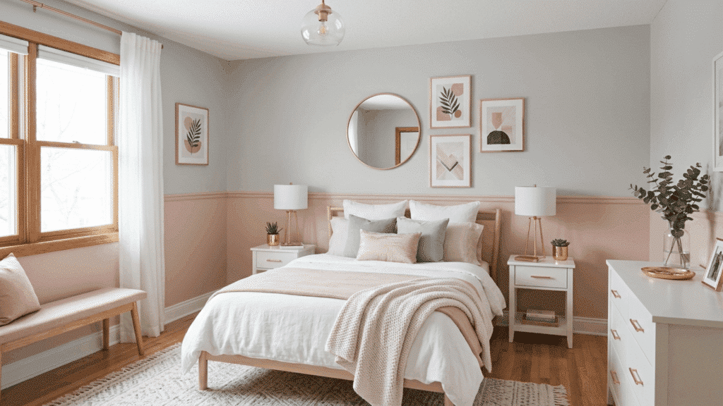 bedroom with blush pink lower wall and soft gray upper wall styled with rose gold accents and simple furniture