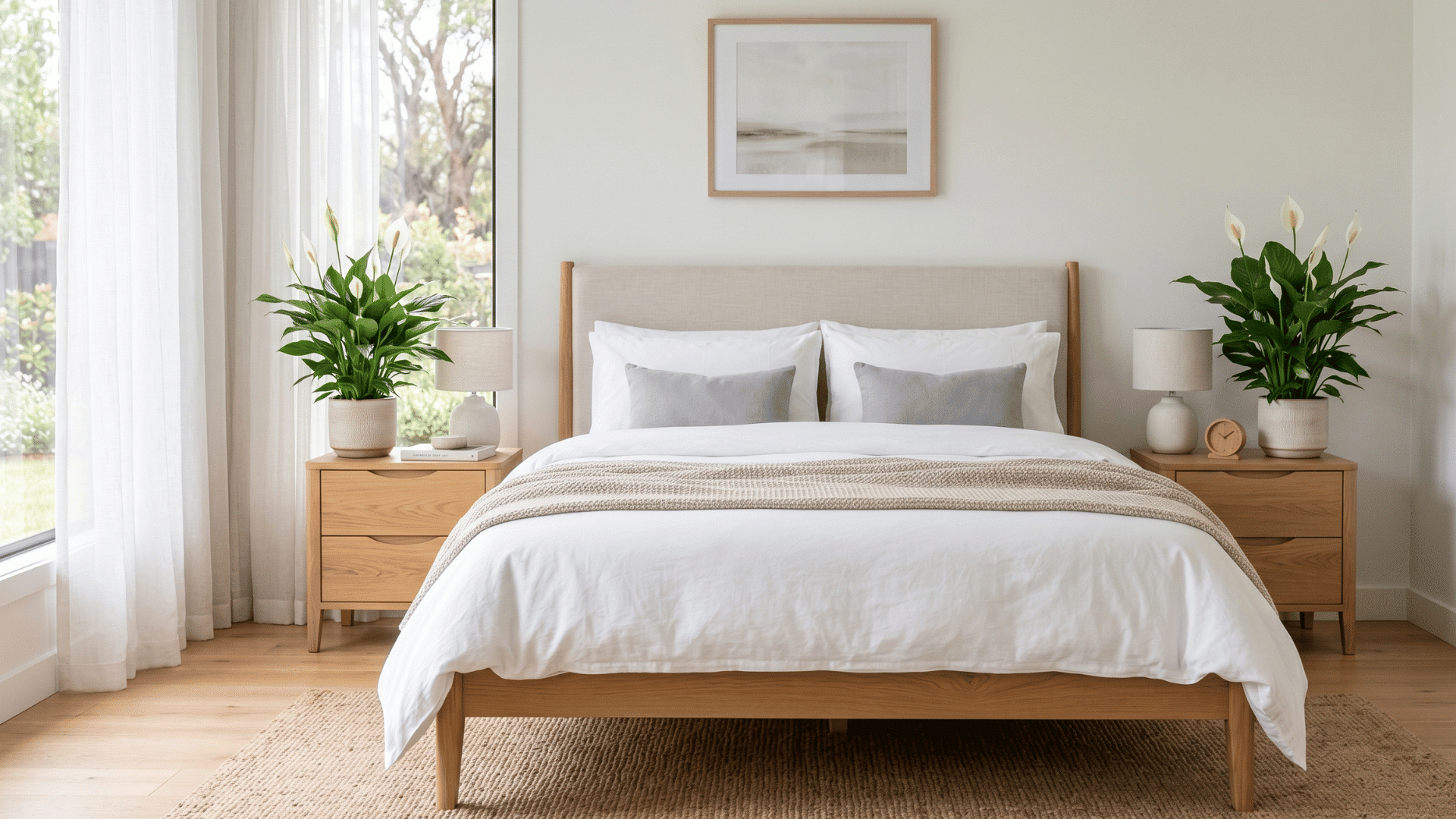 bedroom with centered bed and two peace lily plants on bedside tables with white flowers