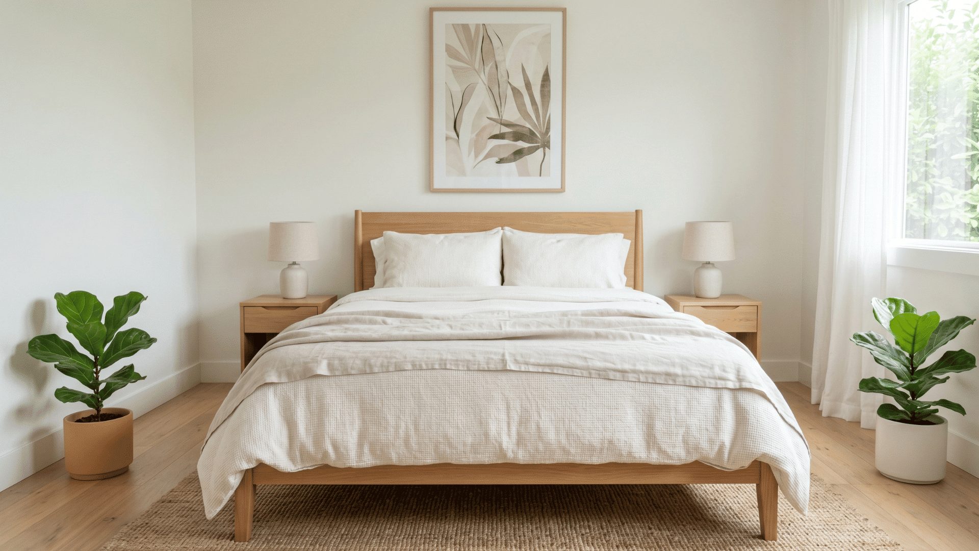 bedroom with centered bed and two small fiddle leaf fig plants near corners in soft daylight