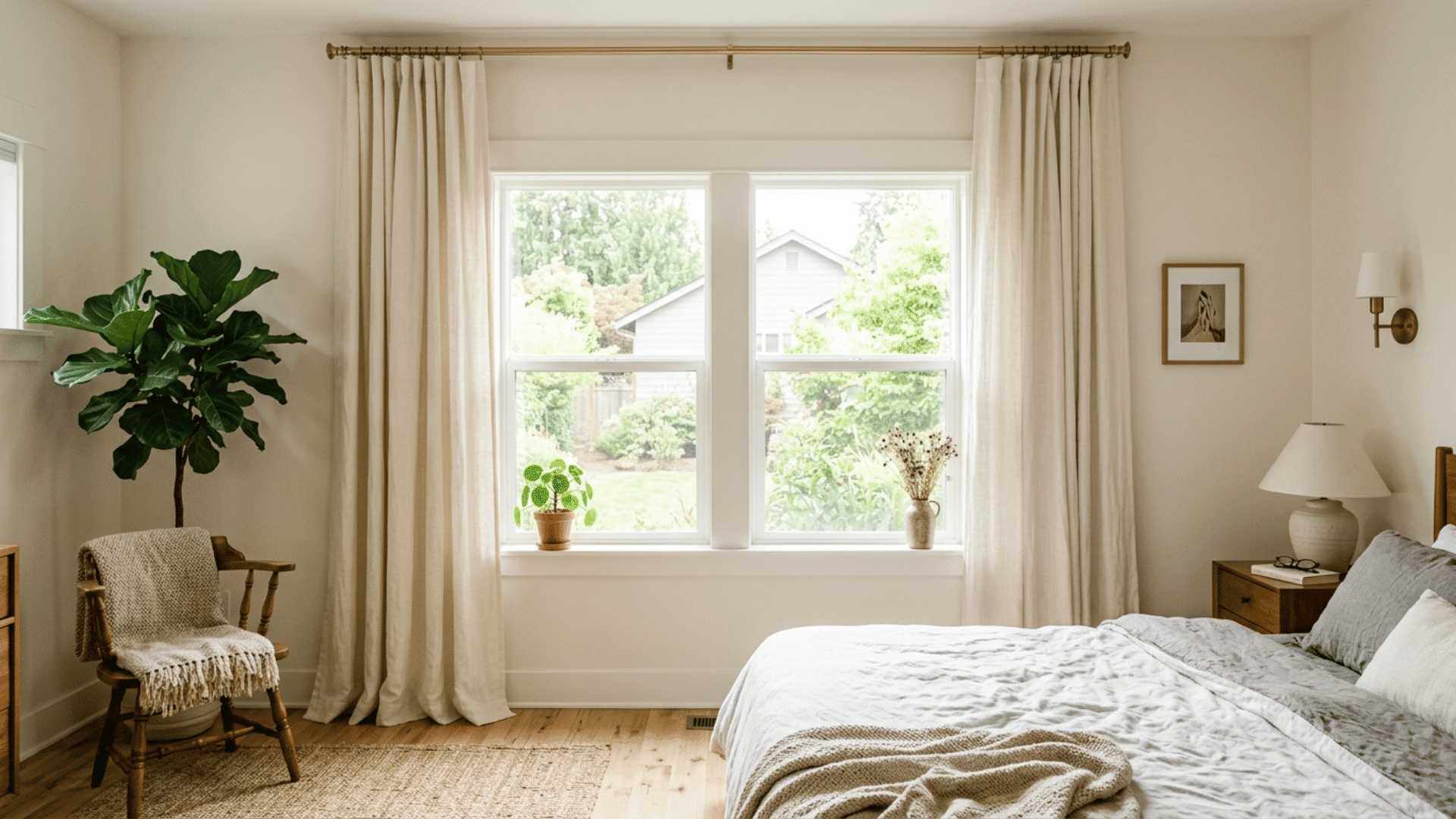 bedroom with curtains hung above window frame, long flowing fabric and bright natural light