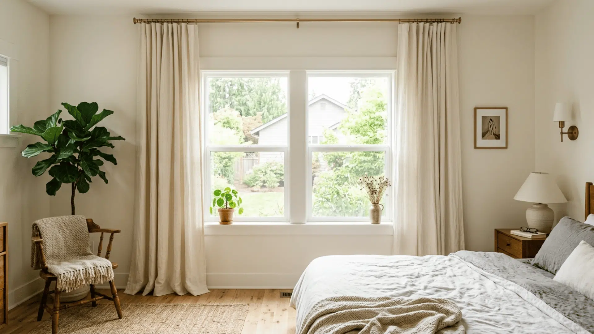 bedroom with curtains hung above window frame, long flowing fabric and bright natural light