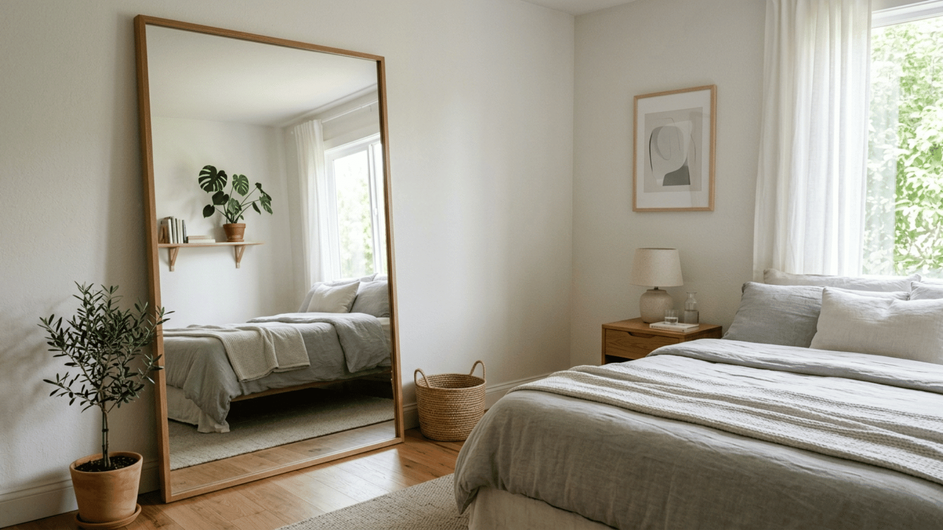 bedroom with large floor mirror reflecting space and light, neutral decor and clean layout