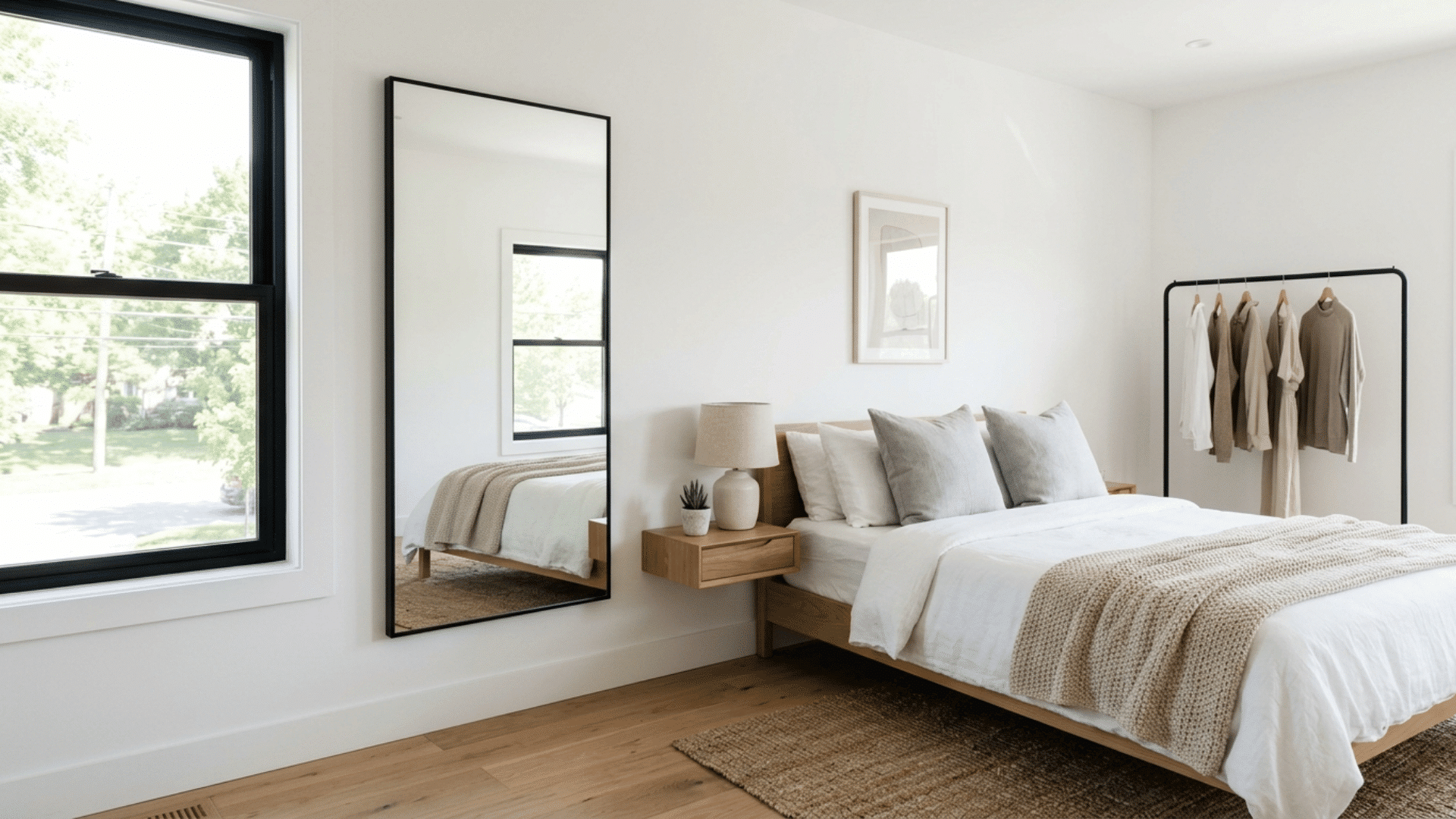 bedroom with large mirror reflecting window light, neutral decor and spacious bright appearance