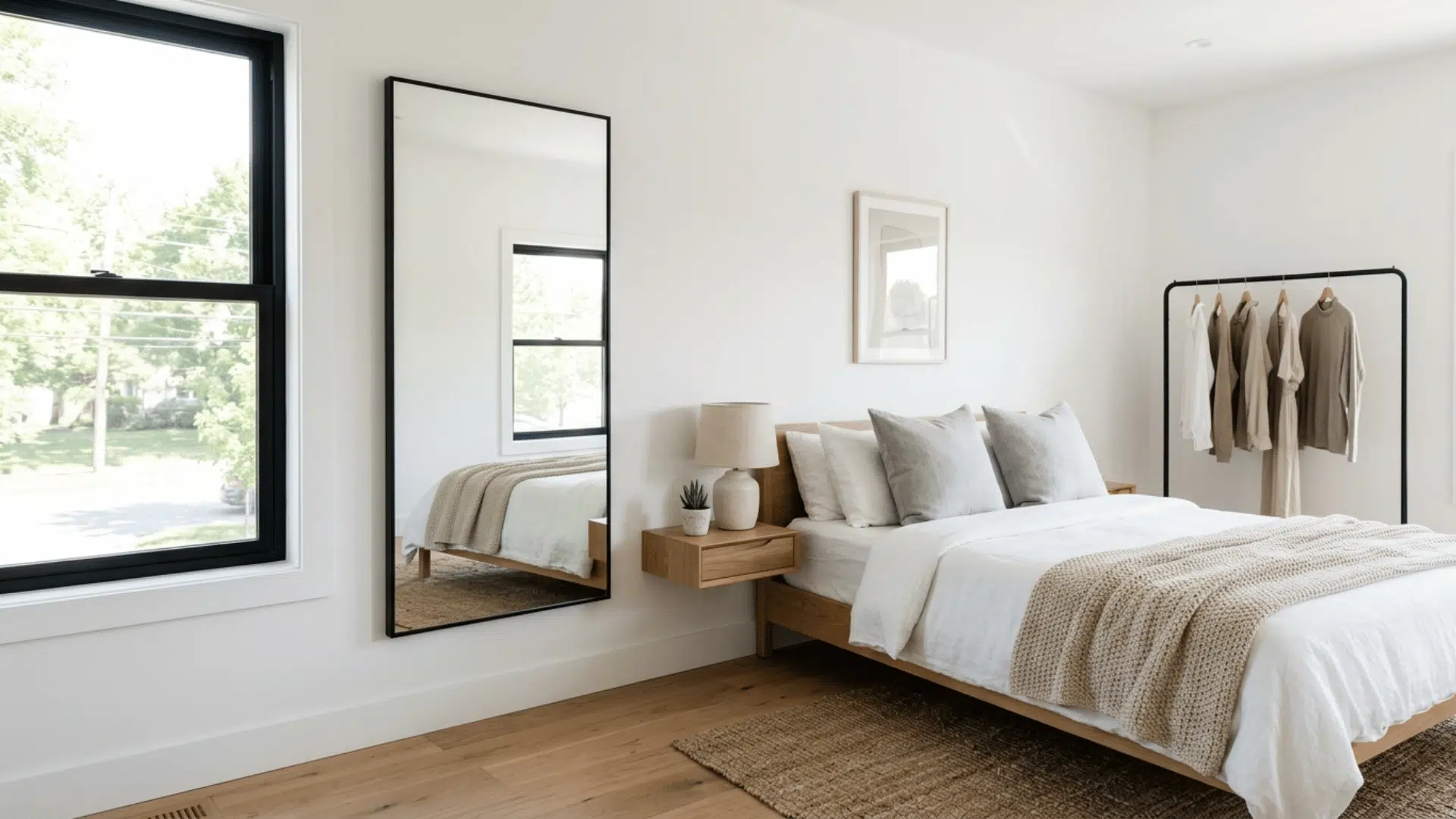 bedroom with large mirror reflecting window light, neutral decor and spacious bright appearance