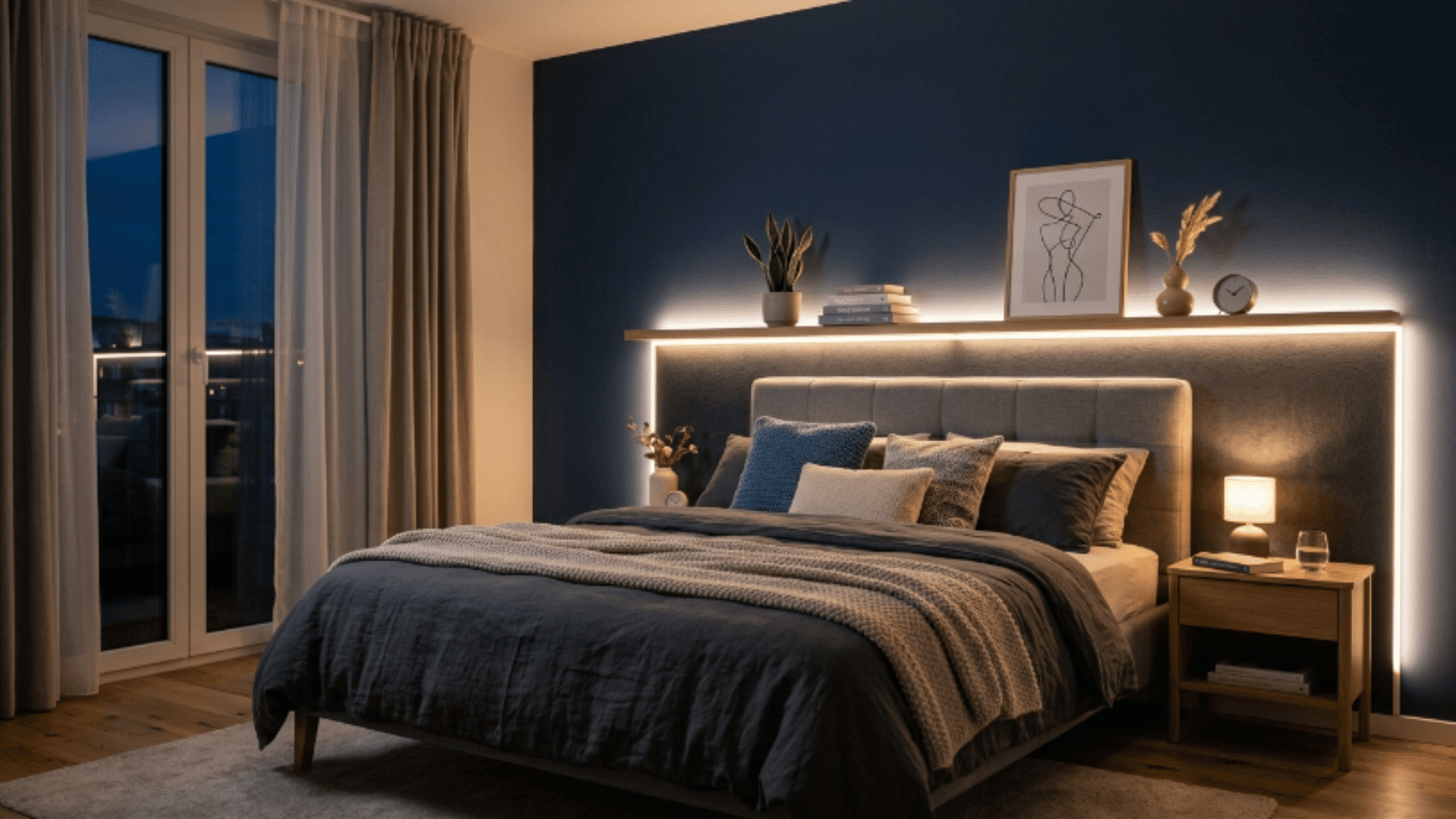 bedroom with LED strip lighting behind headboard, modern design, soft glow and dark accent wall