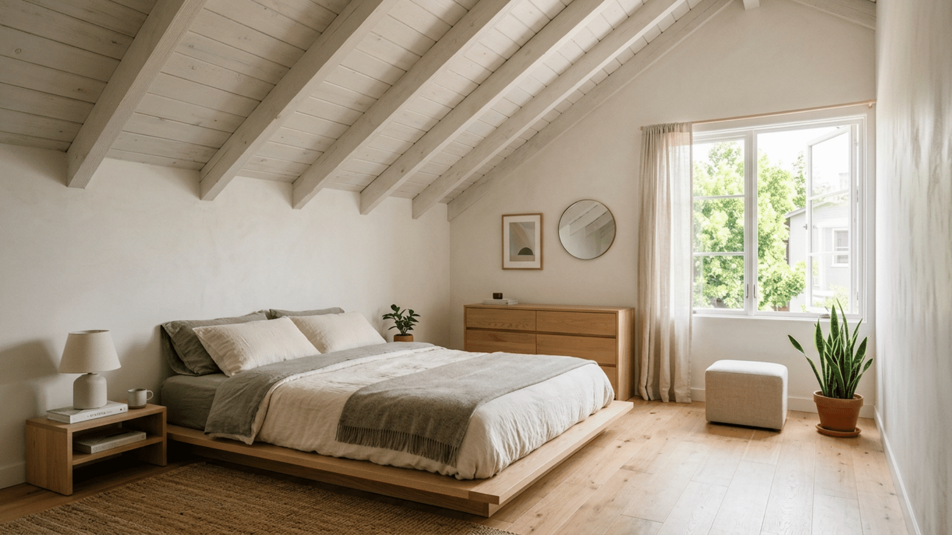 bedroom with low height bed and furniture, open upper space, natural light and minimal decor