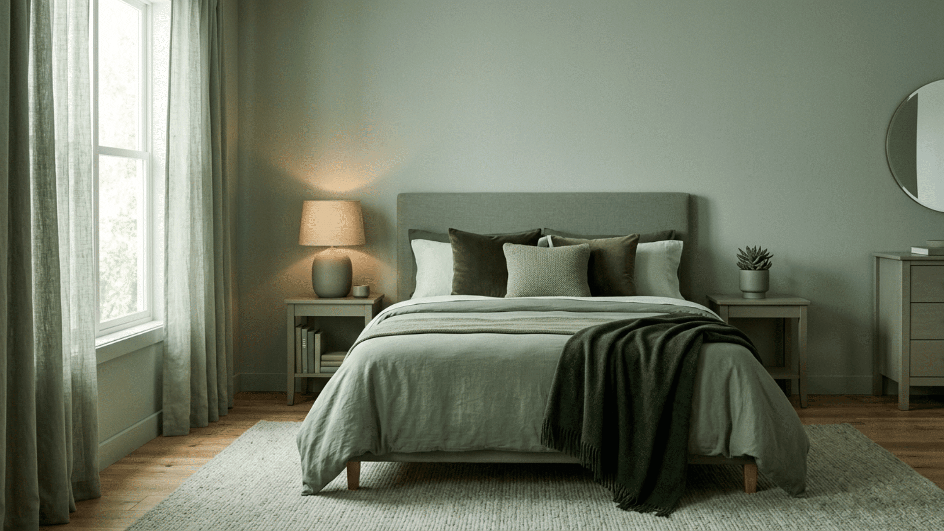 bedroom with monochrome color scheme, cohesive tones and simple modern styling