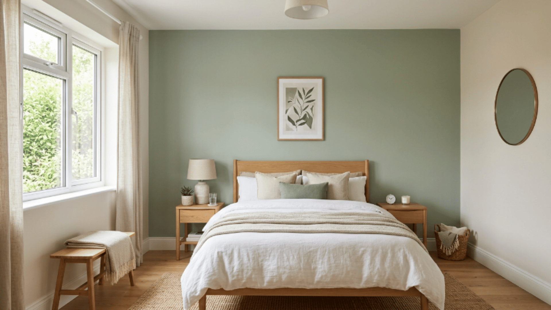 bedroom with one green accent wall behind bed, neutral styling, balanced decor and natural daylight