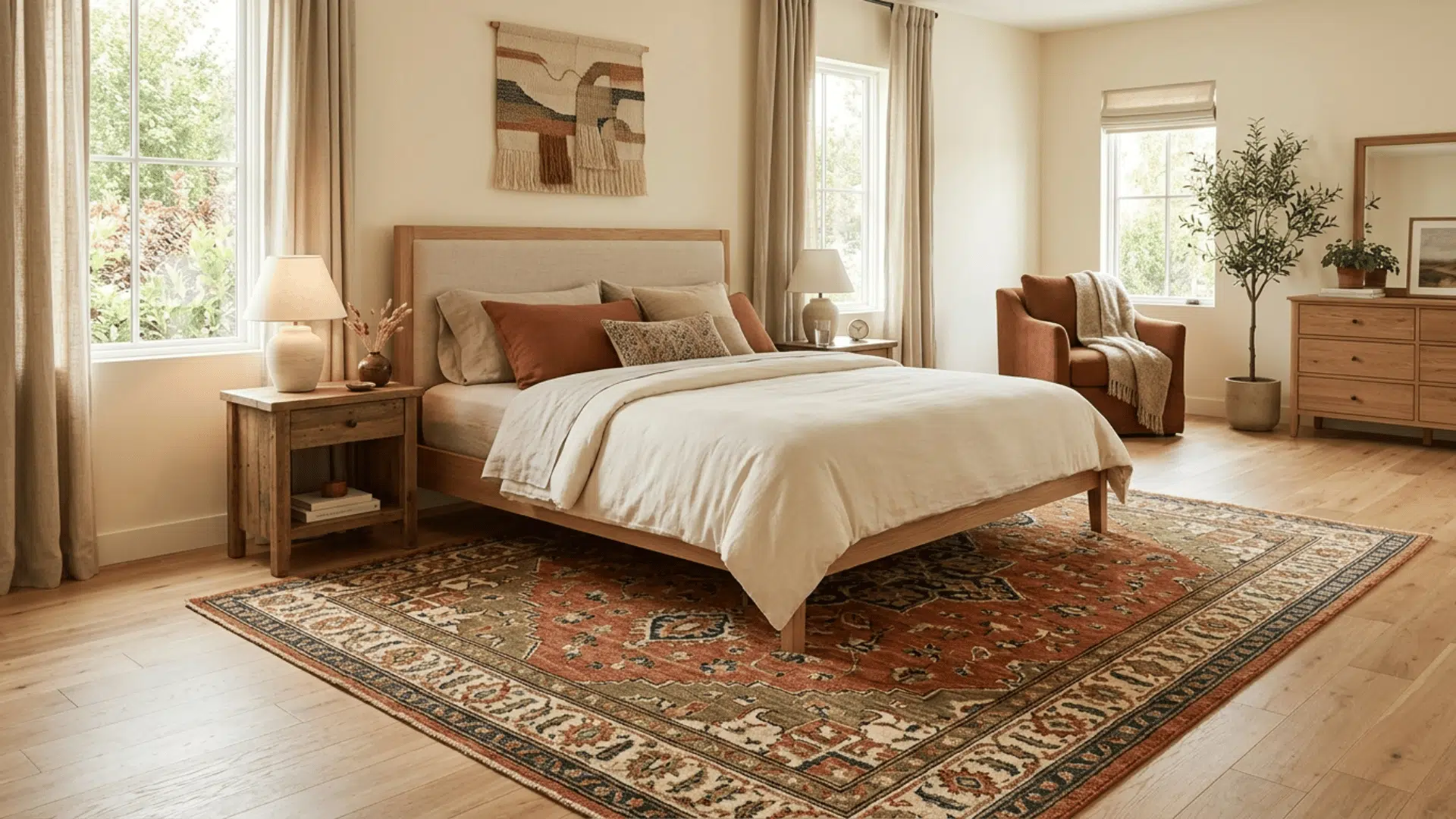bedroom with rug under bed defining space, warm tones and natural light