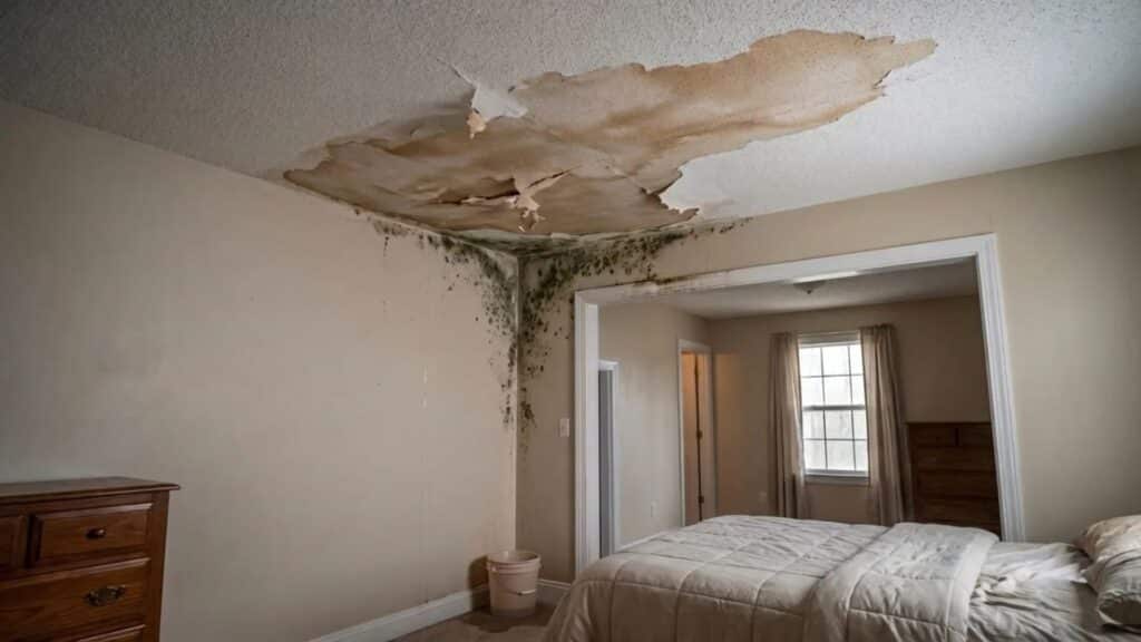 bedroom with severe water damage, showing a large brown ceiling stain with peeling paint and visible mold growth spreading down the corner wall above the bed