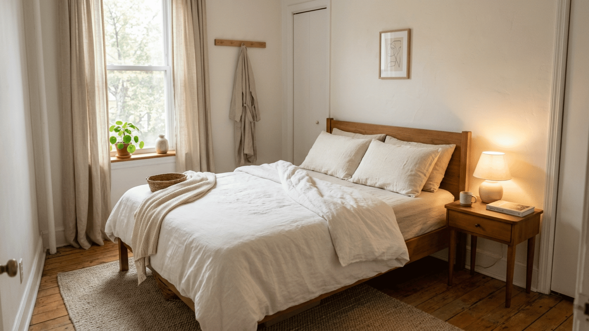 bedroom with simple bedding, neutral colors, soft textures and calm uncluttered look