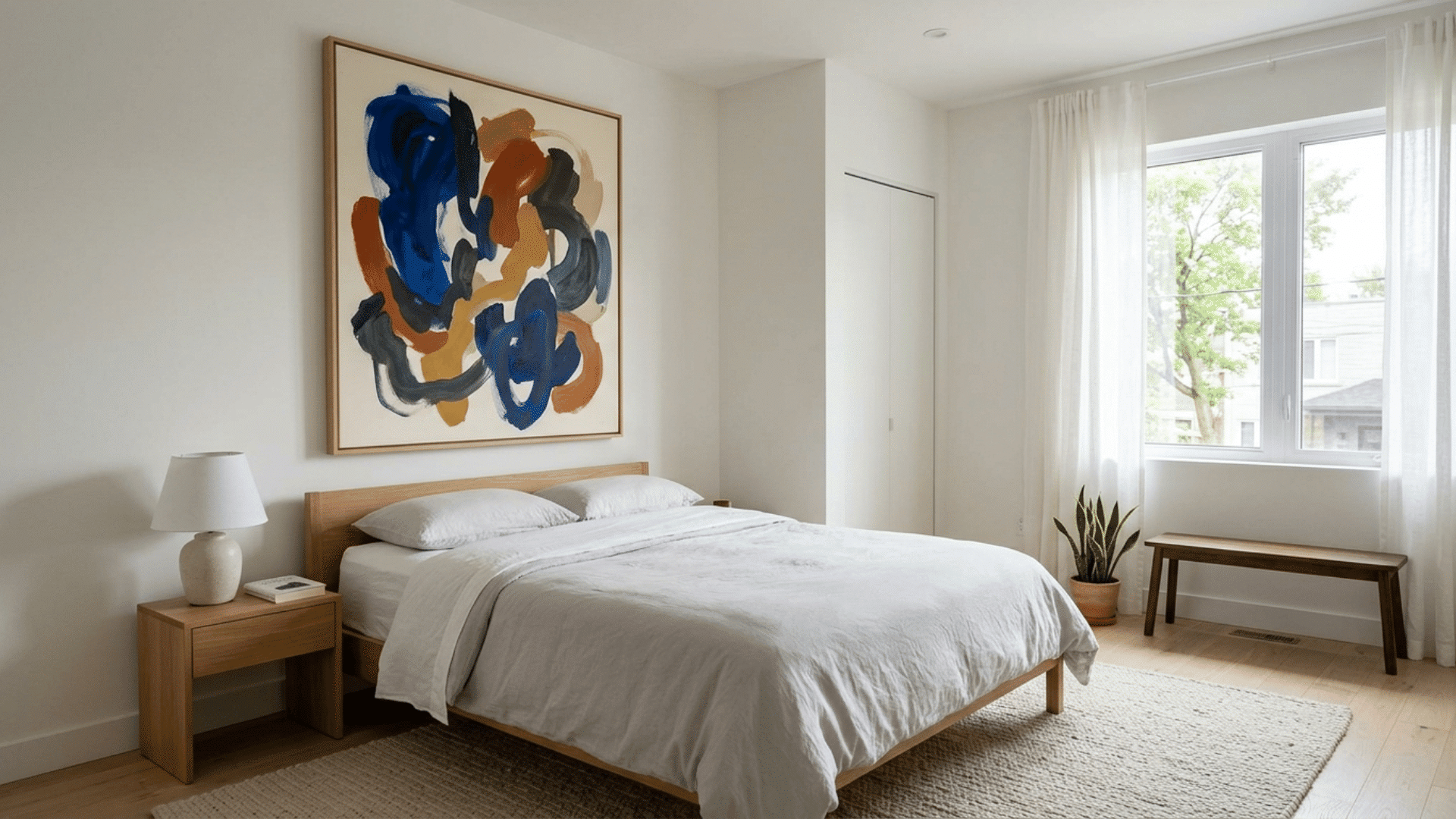 bedroom with single statement decor piece, minimal styling and balanced neutral interior