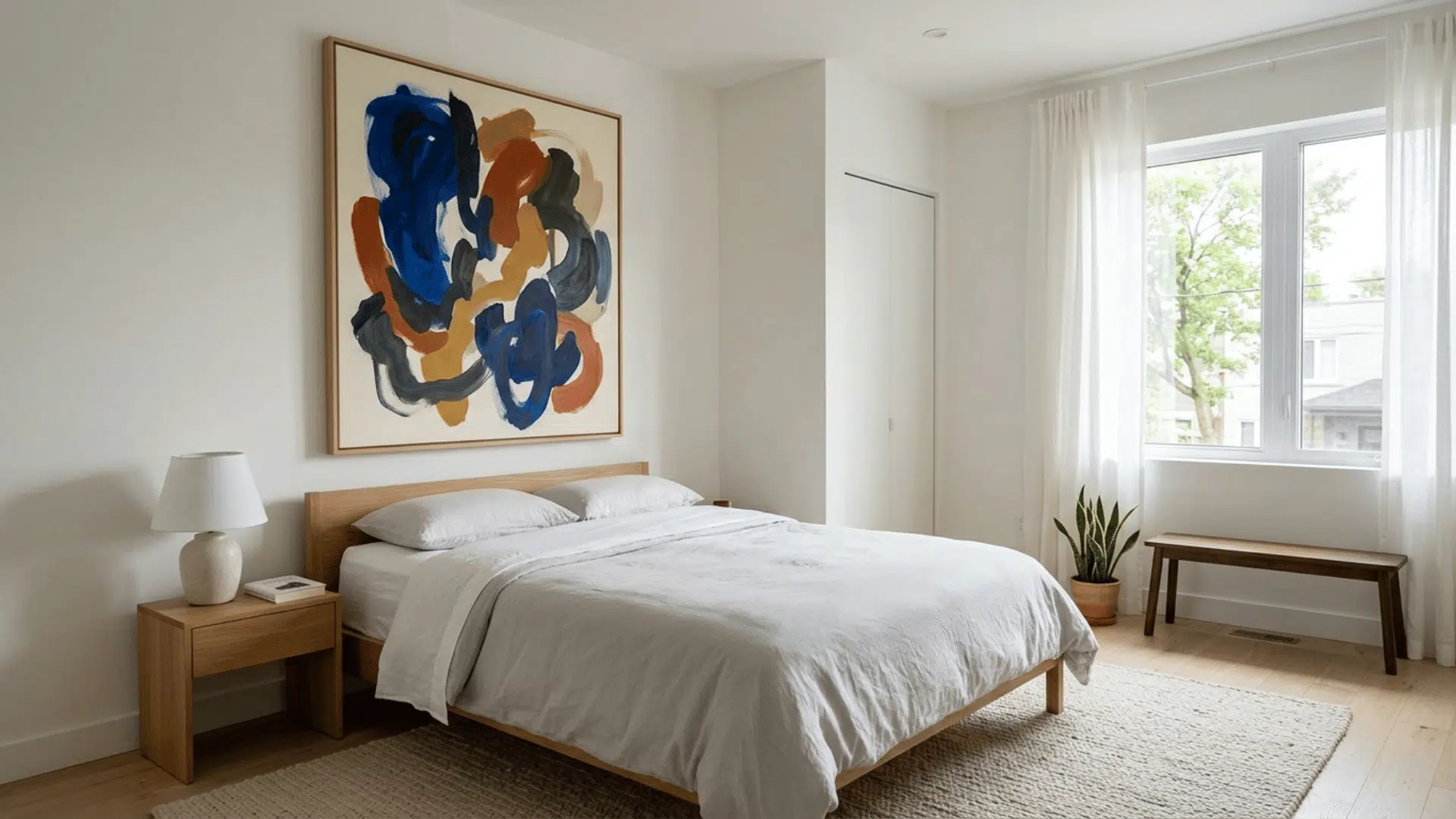 bedroom with single statement decor piece, minimal styling and balanced neutral interior
