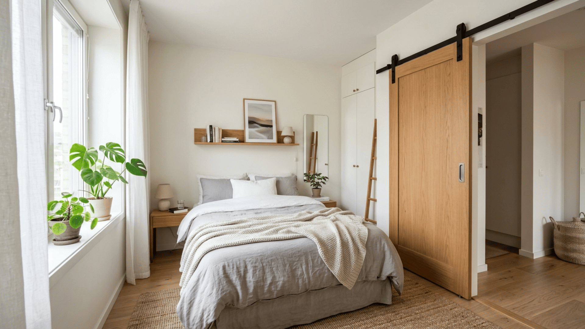 bedroom with sliding door design, modern look, clean layout and efficient space usage