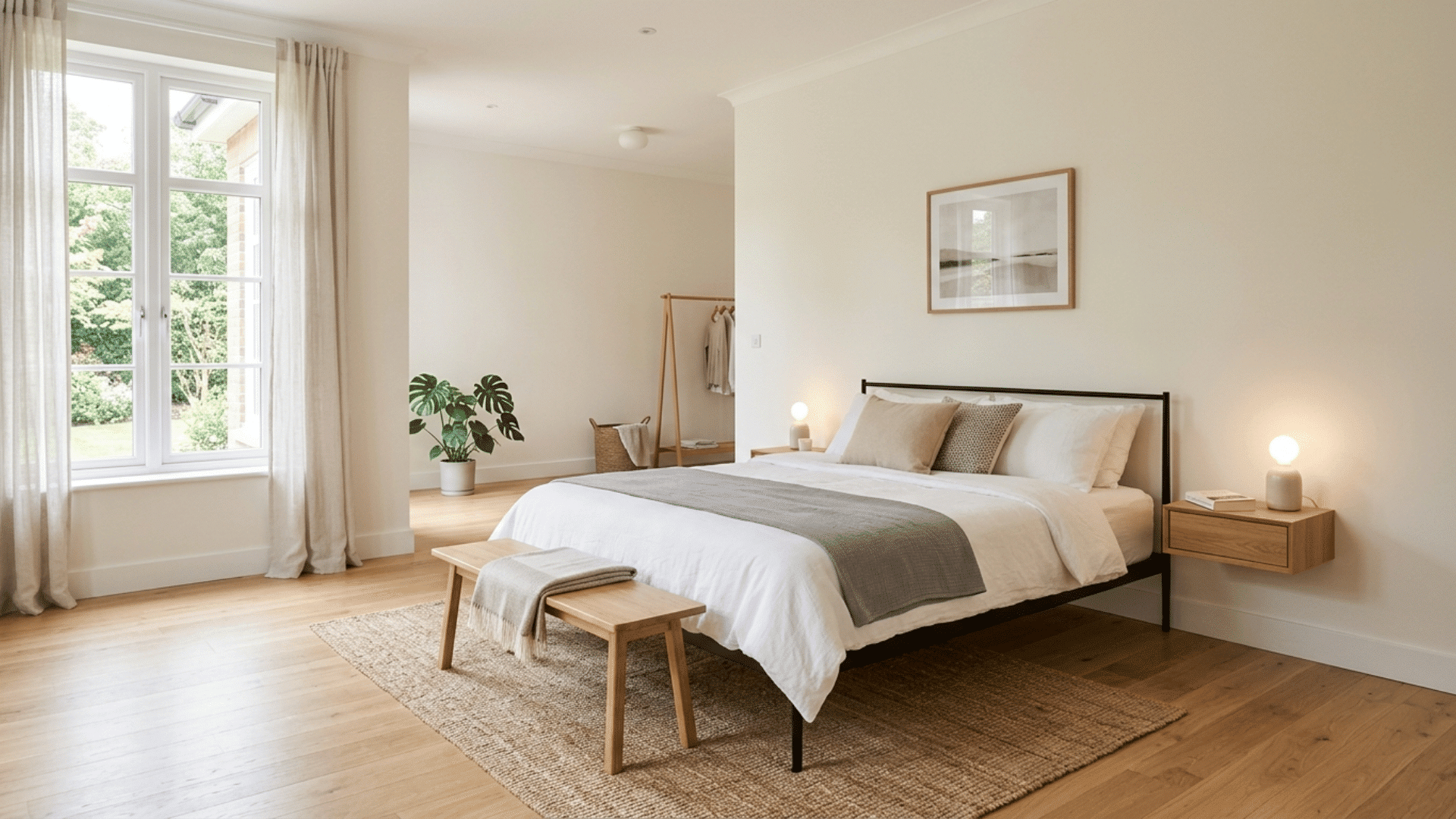 bedroom with slim bed frame, neutral bedding, open space and simple modern styling