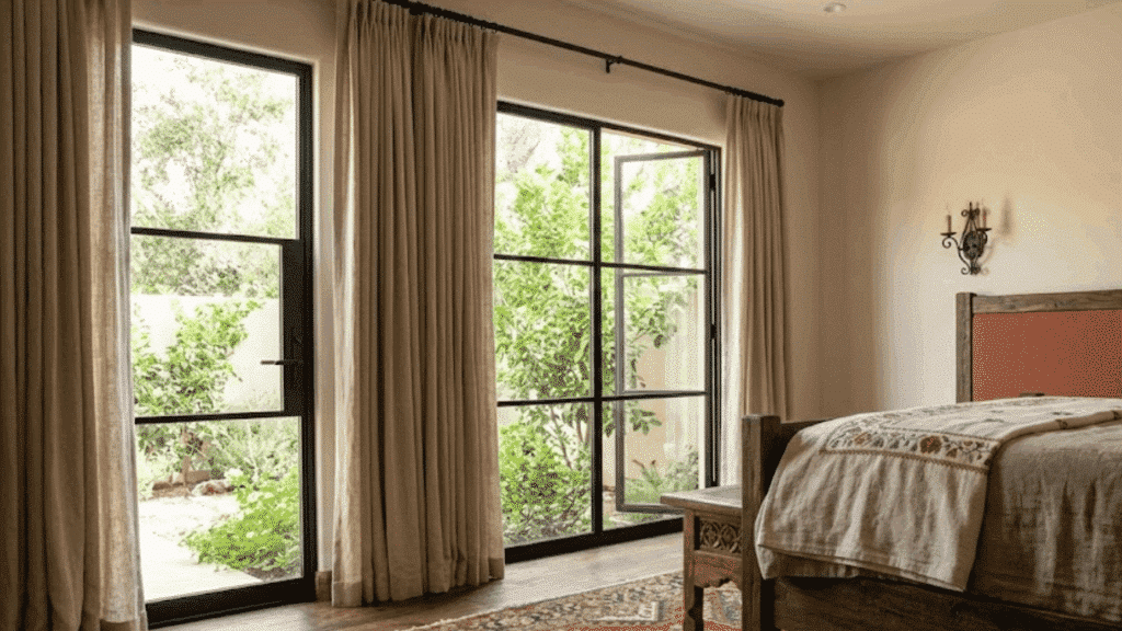 bedroom with steel black windows and sheer curtains.