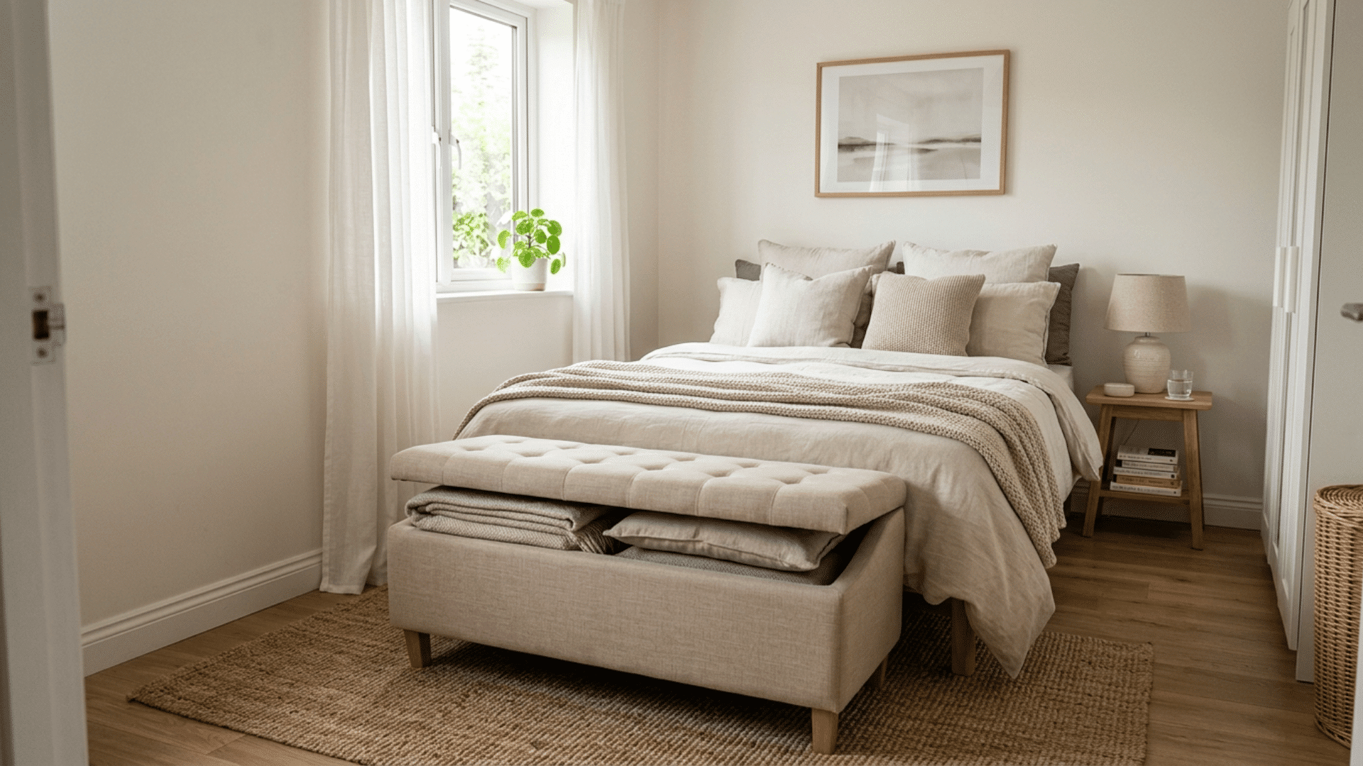 bedroom with storage ottoman bench at foot of bed, neutral bedding, soft lighting and organized layout