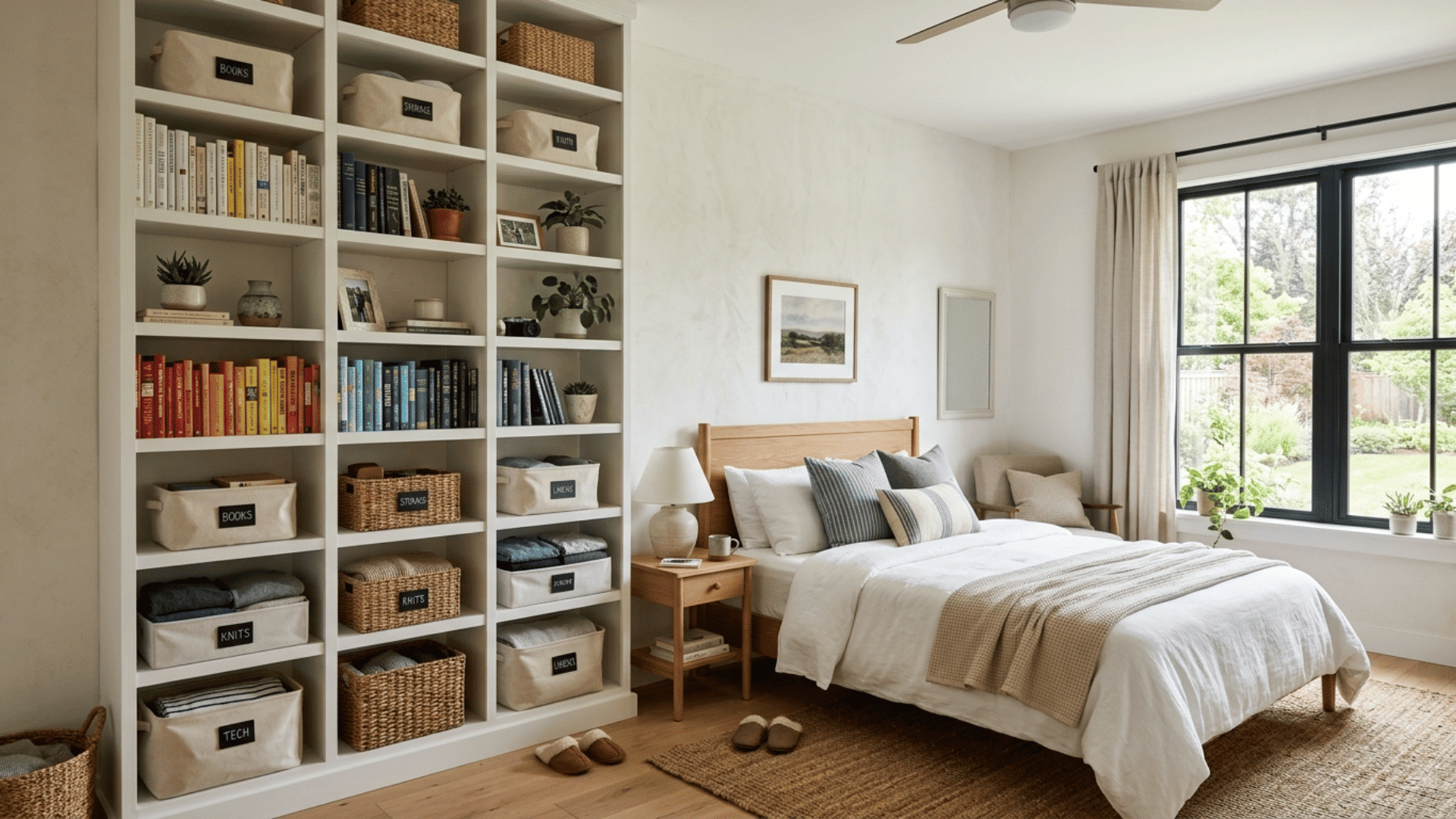 bedroom with tall vertical shelving unit, organized storage, natural light and clean minimal interior design