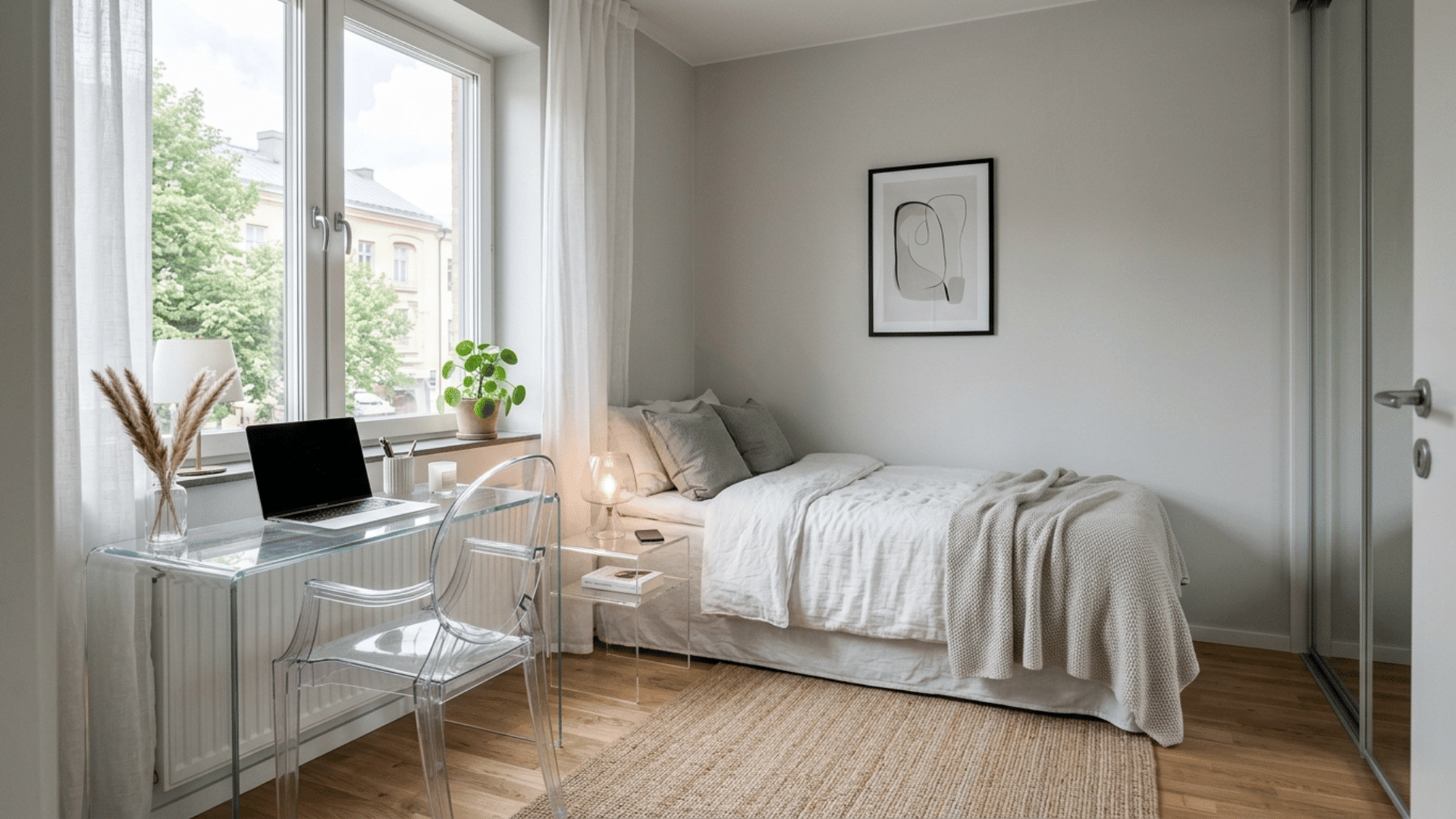 bedroom with transparent furniture elements, light tones, natural light and uncluttered look