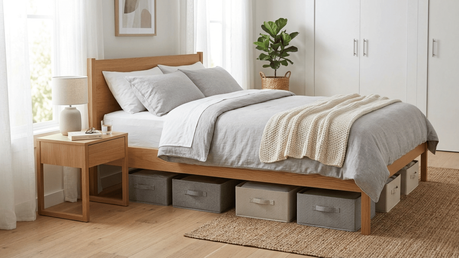 bedroom with under bed storage boxes, light bedding, wooden furniture, soft lighting and clean organized layout