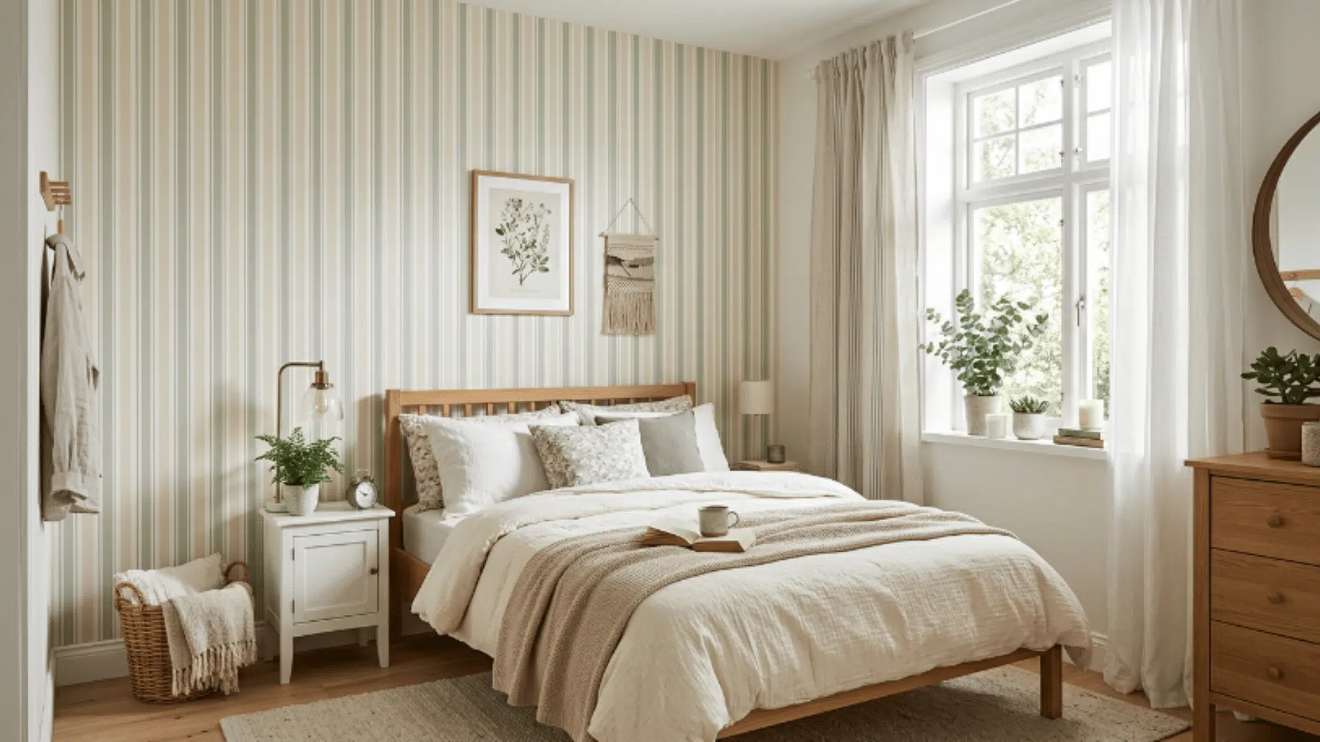 bedroom with vertical striped wall design, soft neutral tones, natural light and cozy minimalist interior