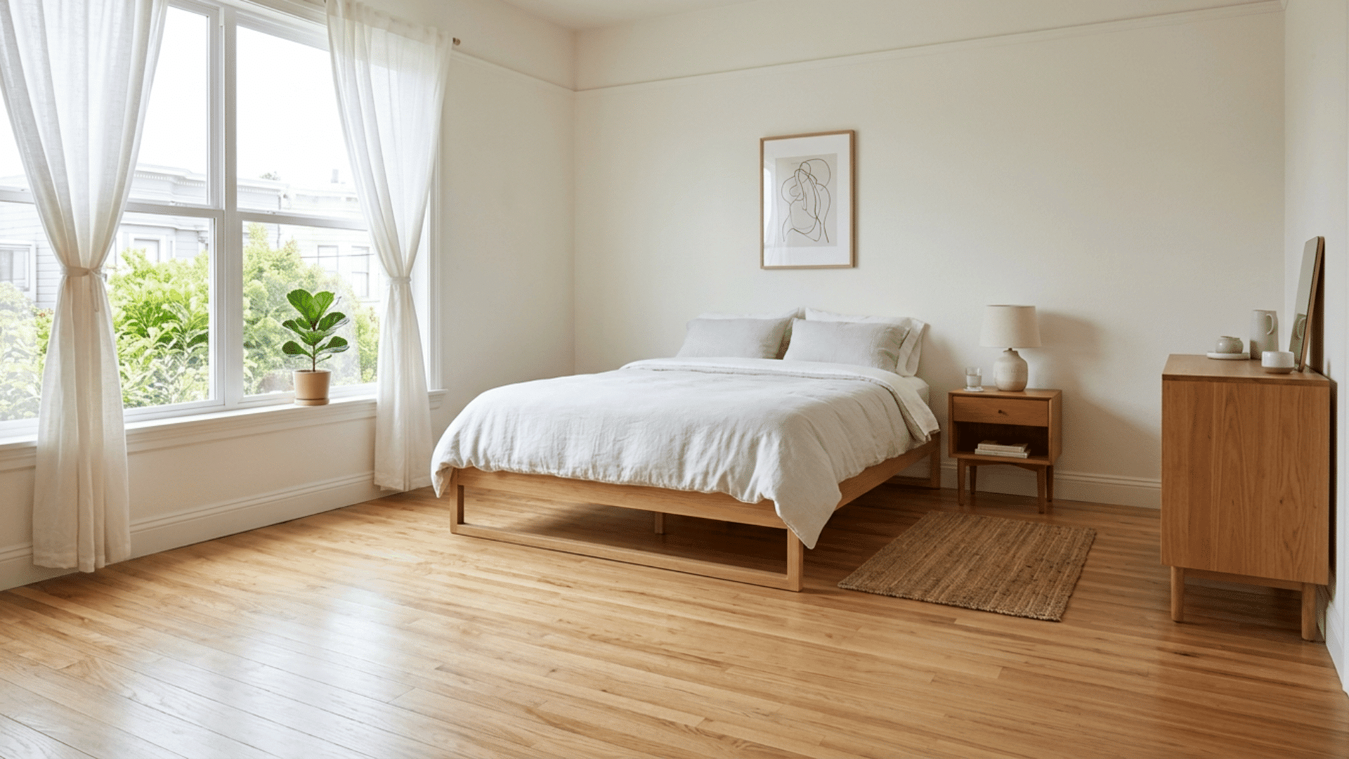 bedroom with visible floor space, raised furniture, minimal clutter and natural lighting