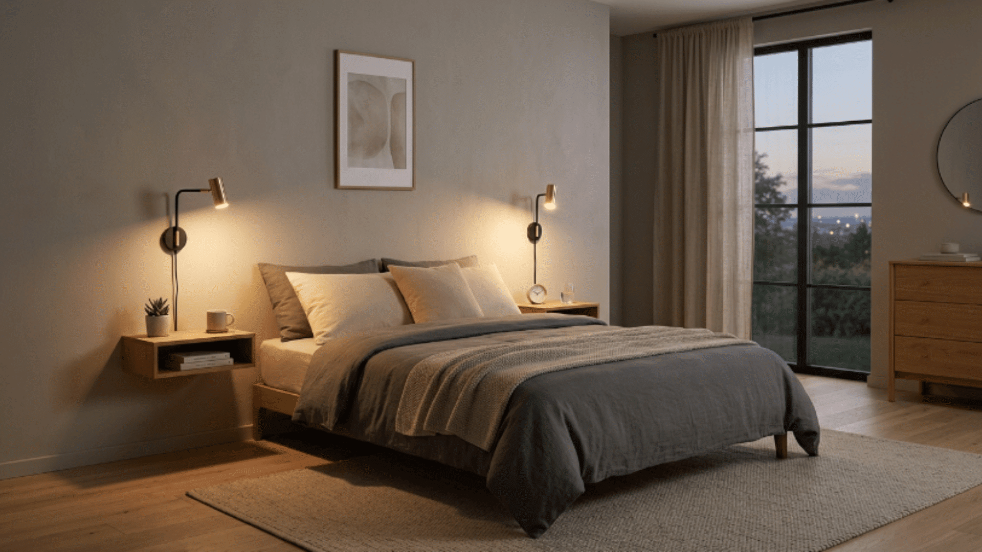 bedroom with wall mounted lights beside bed, warm lighting, minimal furniture and cozy atmosphere