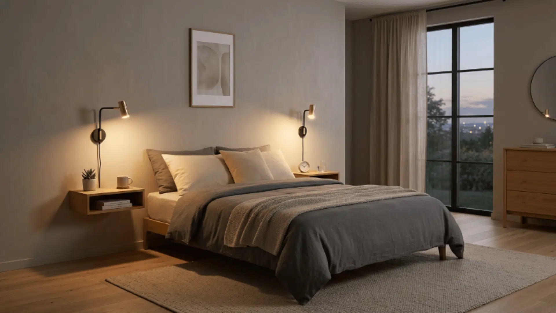 bedroom with wall mounted lights beside bed, warm lighting, minimal furniture and cozy atmosphere