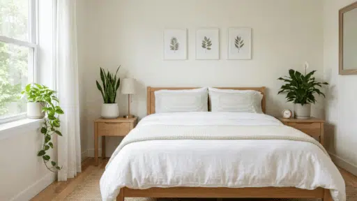 bedroom with white bed and three indoor plants near bed in soft natural light clean minimal setup
