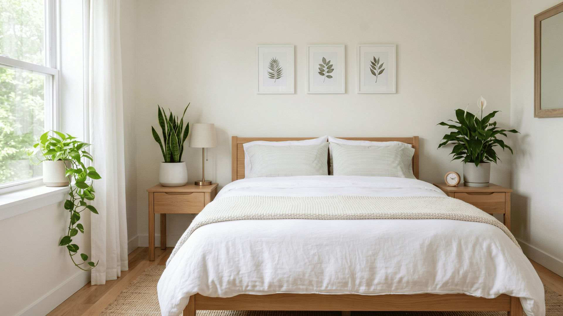 bedroom with white bed and three indoor plants near bed in soft natural light clean minimal setup