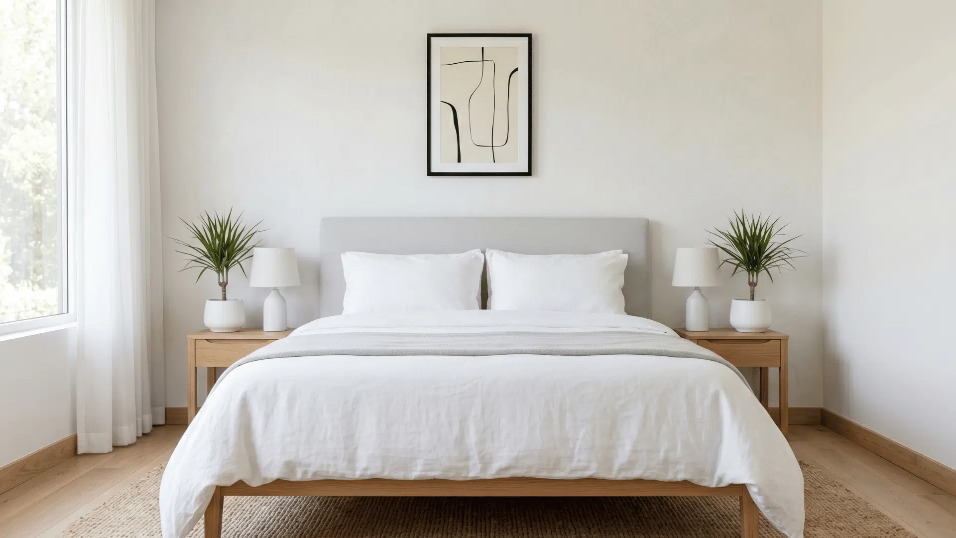 bedroom with white bed and two small dracaena plants near bed in soft natural light clean setup