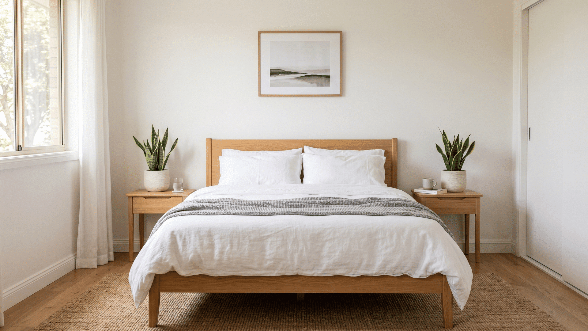 bedroom with white bed and two small snake plants on side tables in soft natural light