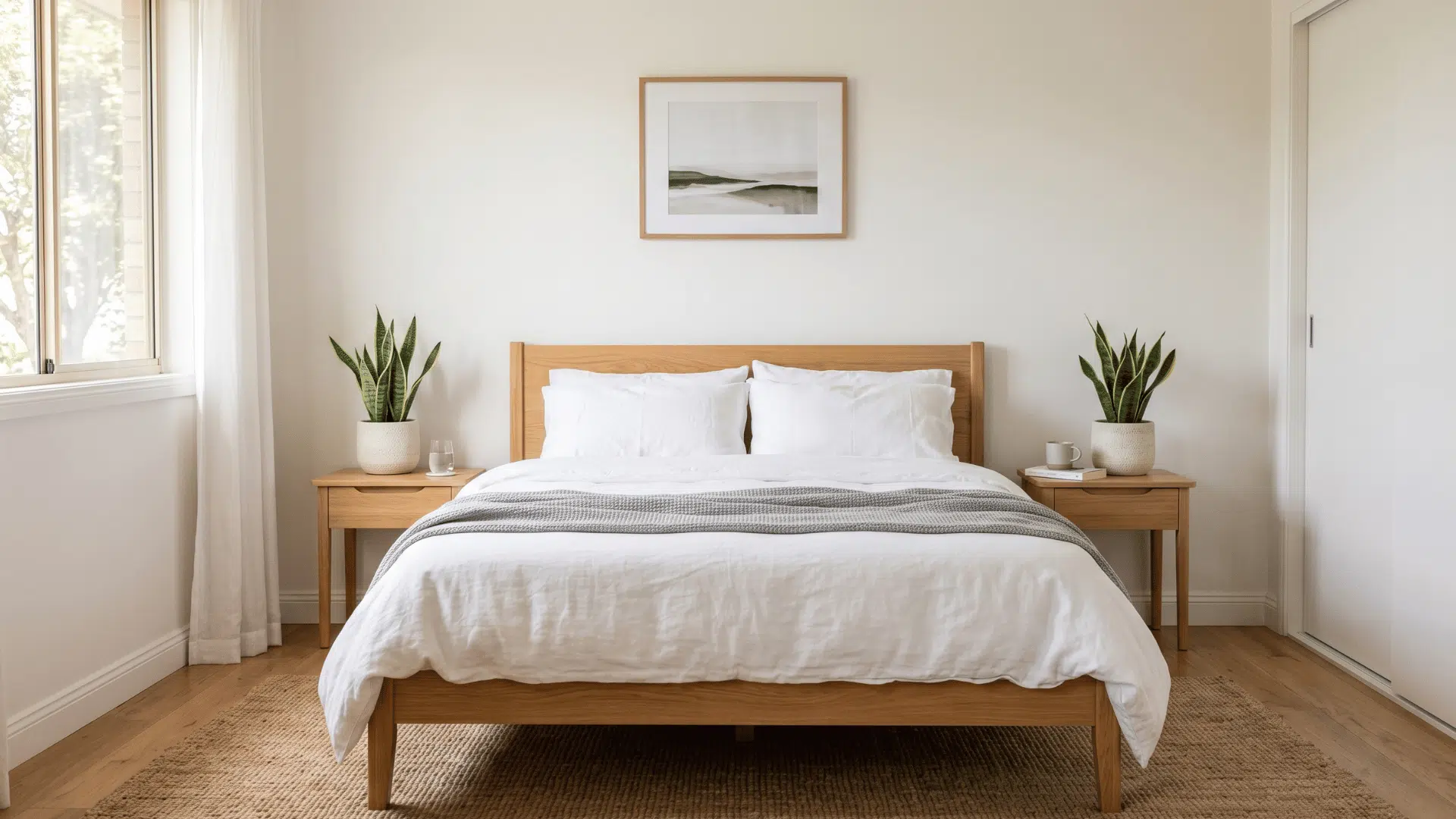 bedroom with white bed and two small snake plants on side tables in soft natural light