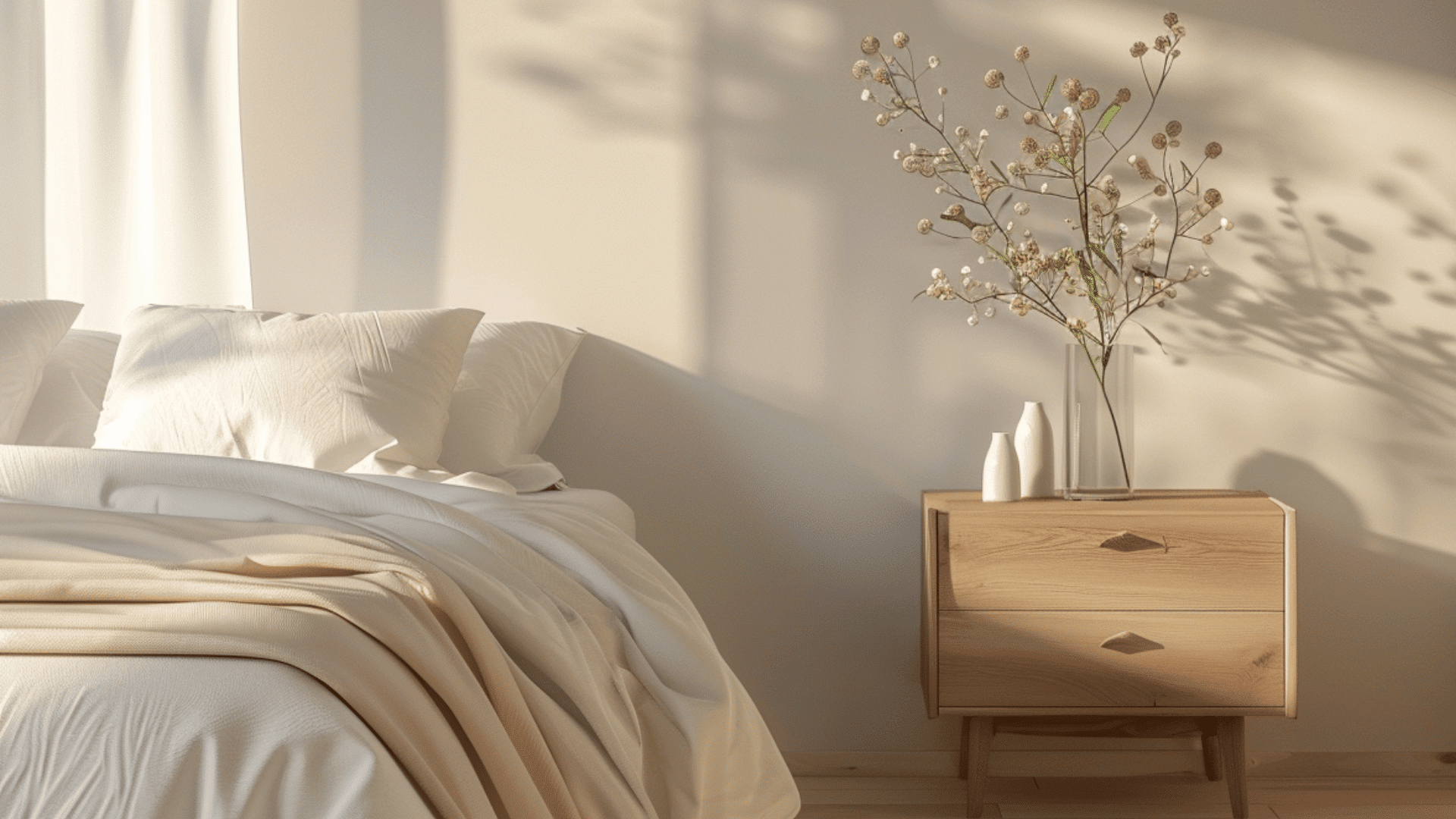 bedside table next to bed in bedroom, empty surface, wide view, soft lighting, clean interior