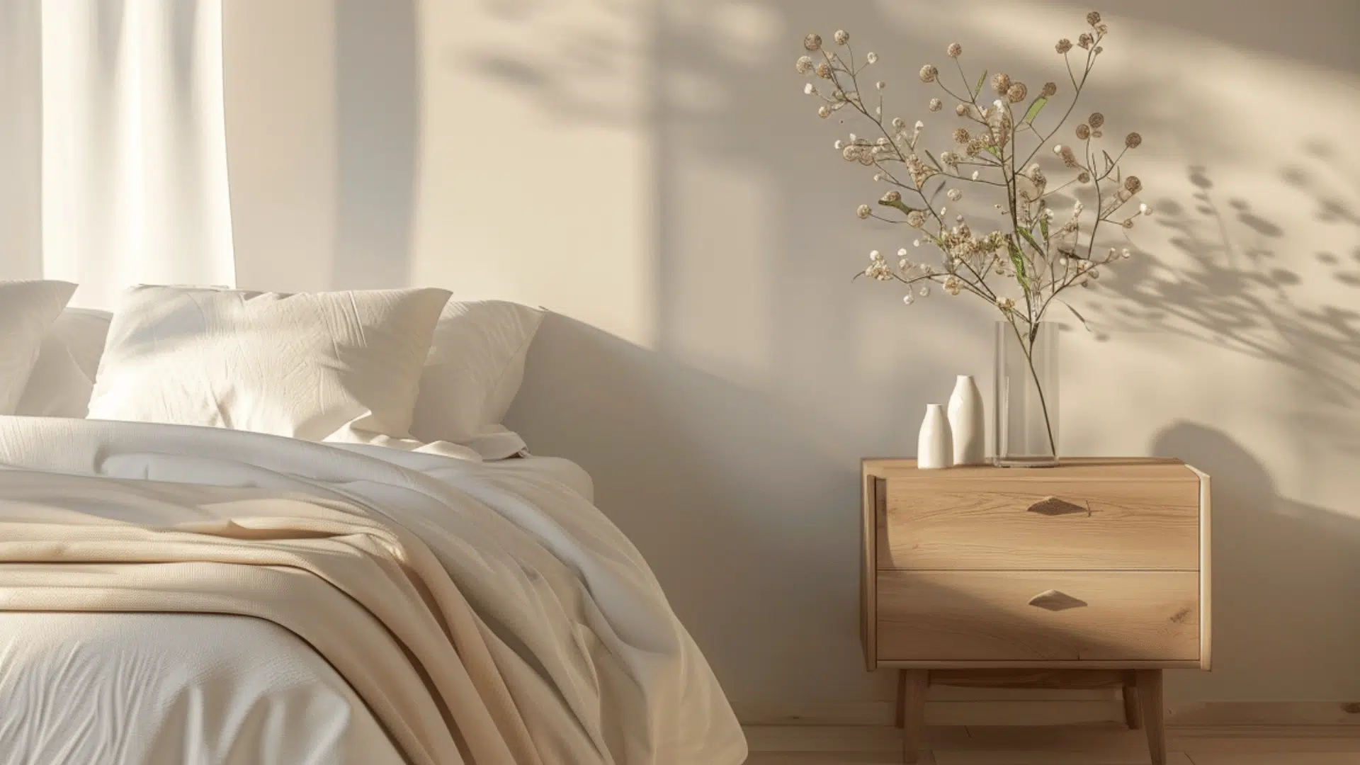 bedside table next to bed in bedroom, empty surface, wide view, soft lighting, clean interior