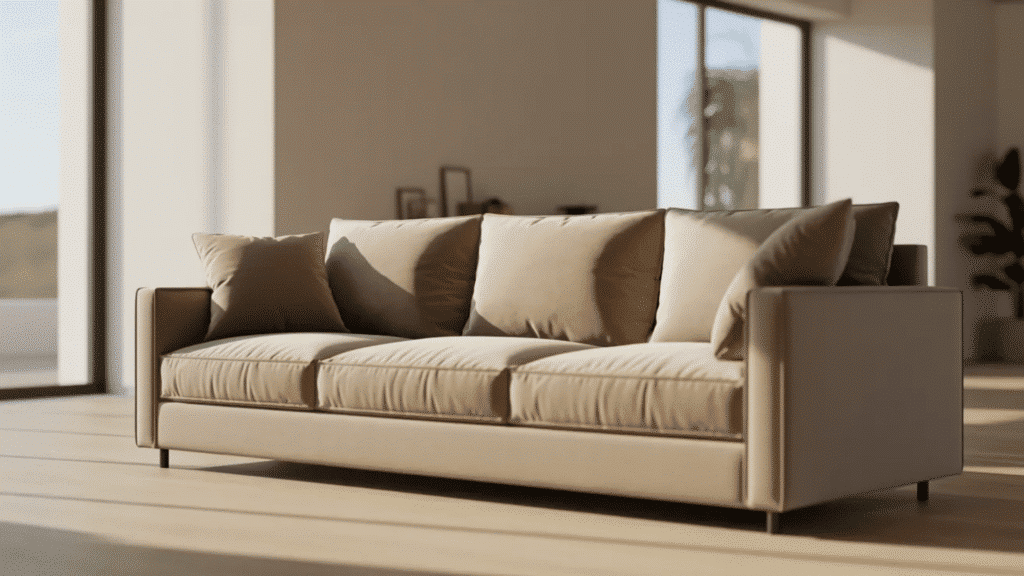 beige 3-seat sofa in a bright modern room