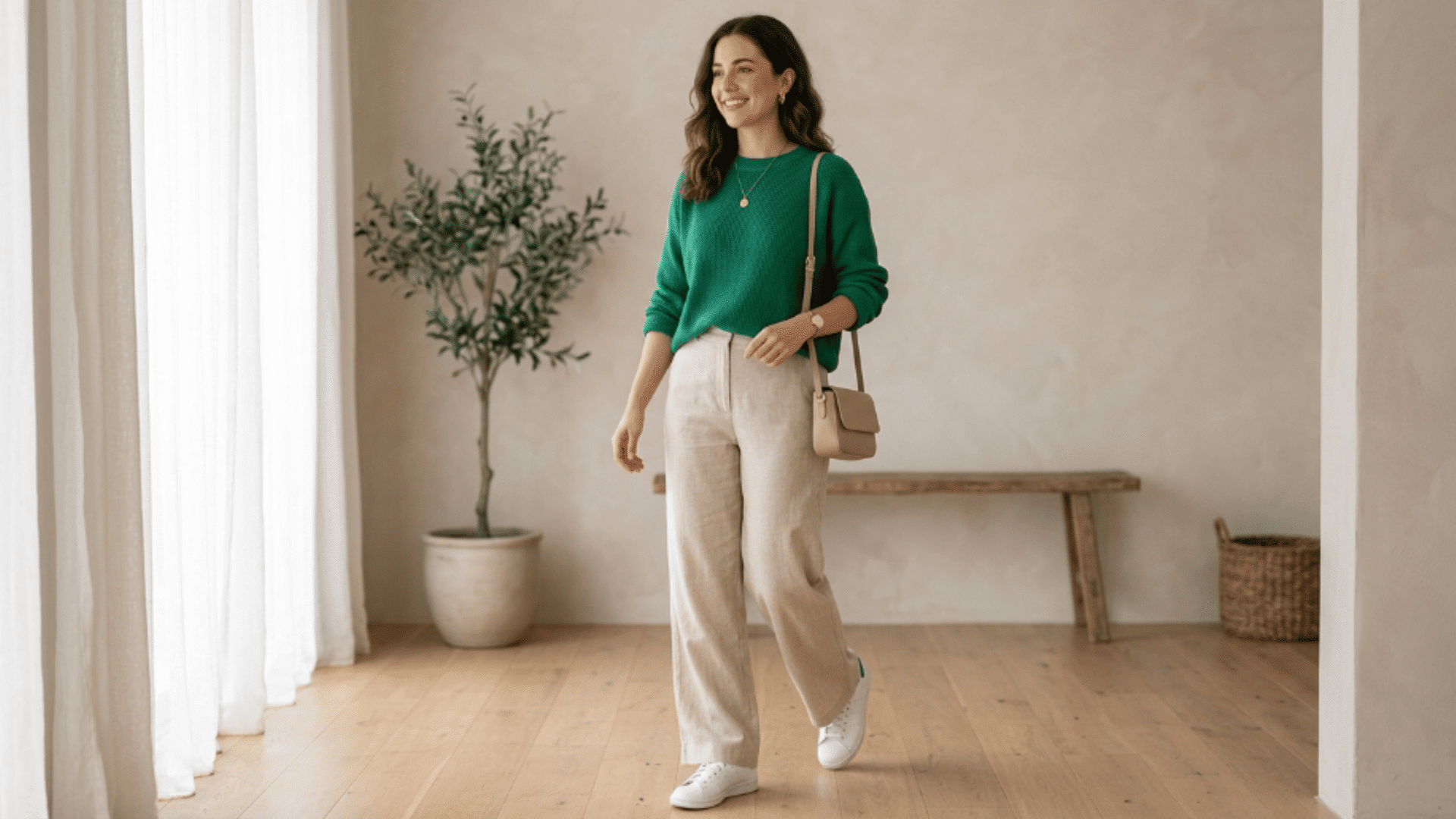 beige and emerald green outfit with soft tones for simple everyday fashion look