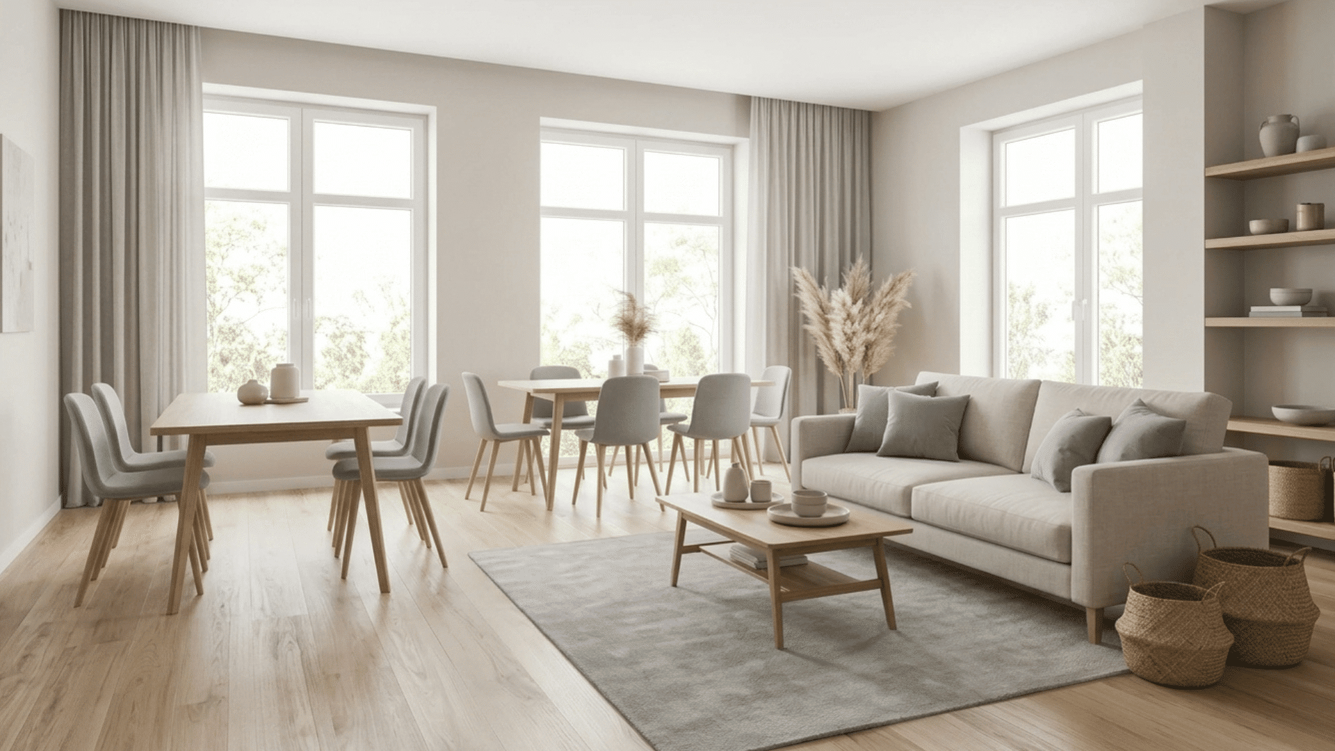beige and soft gray dining and living space with light wood accents.