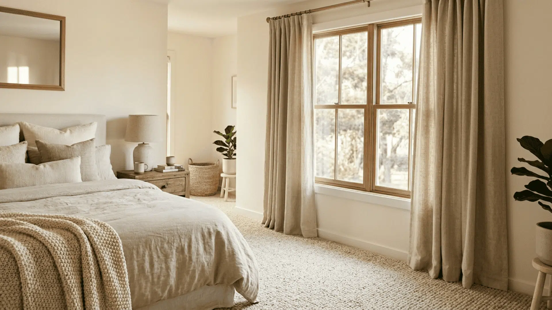 beige curtains with a slight fabric break resting at carpet level in a warm toned cozy bedroom with thick carpet flooring