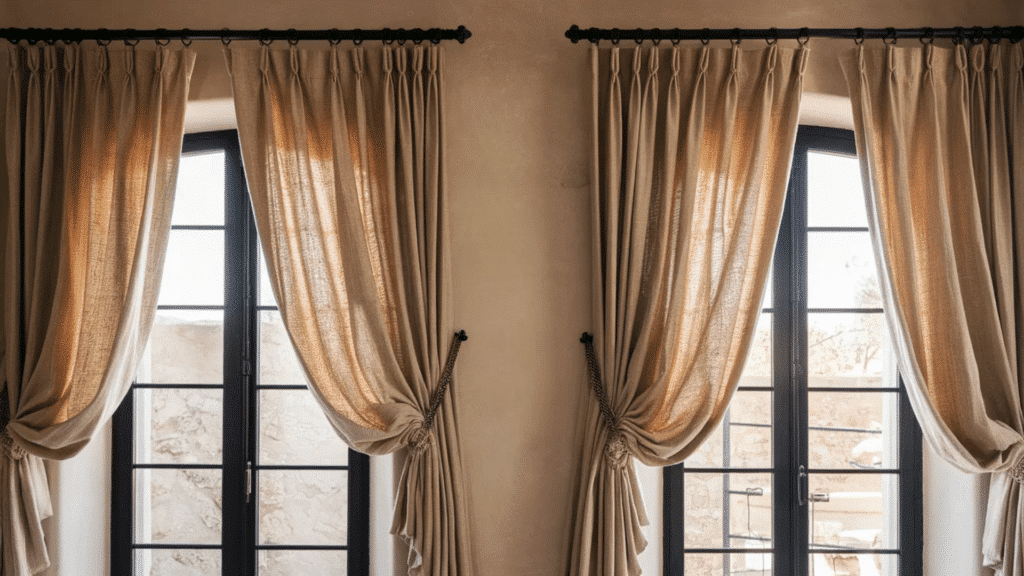 beige linen curtains on black rods framing tall black metal windows