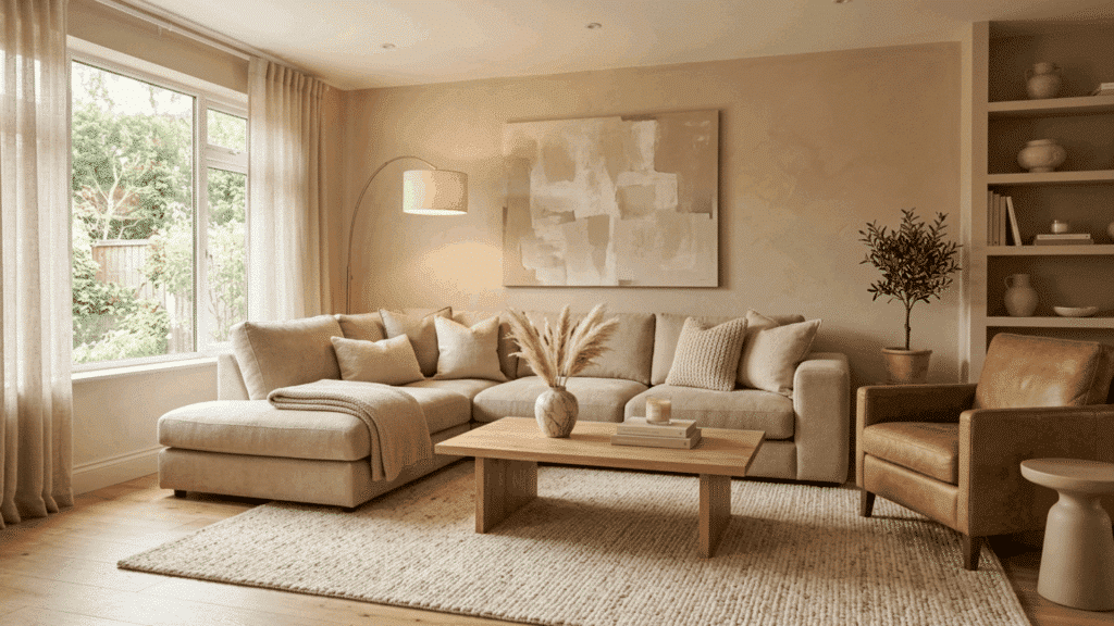 beige monochromatic living room with matching walls, sofa, and textured rug
