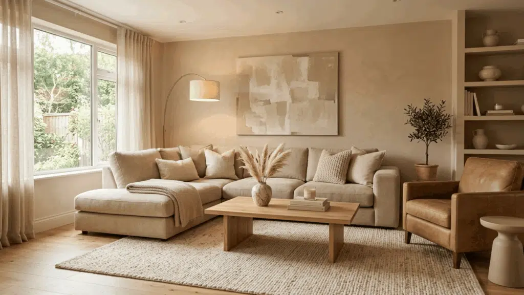 beige monochromatic living room with matching walls, sofa, and textured rug