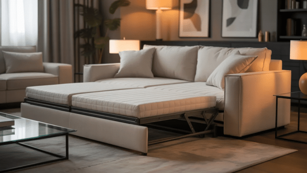 beige sleeper sofa pulled out into a bed in a warm, modern living room
