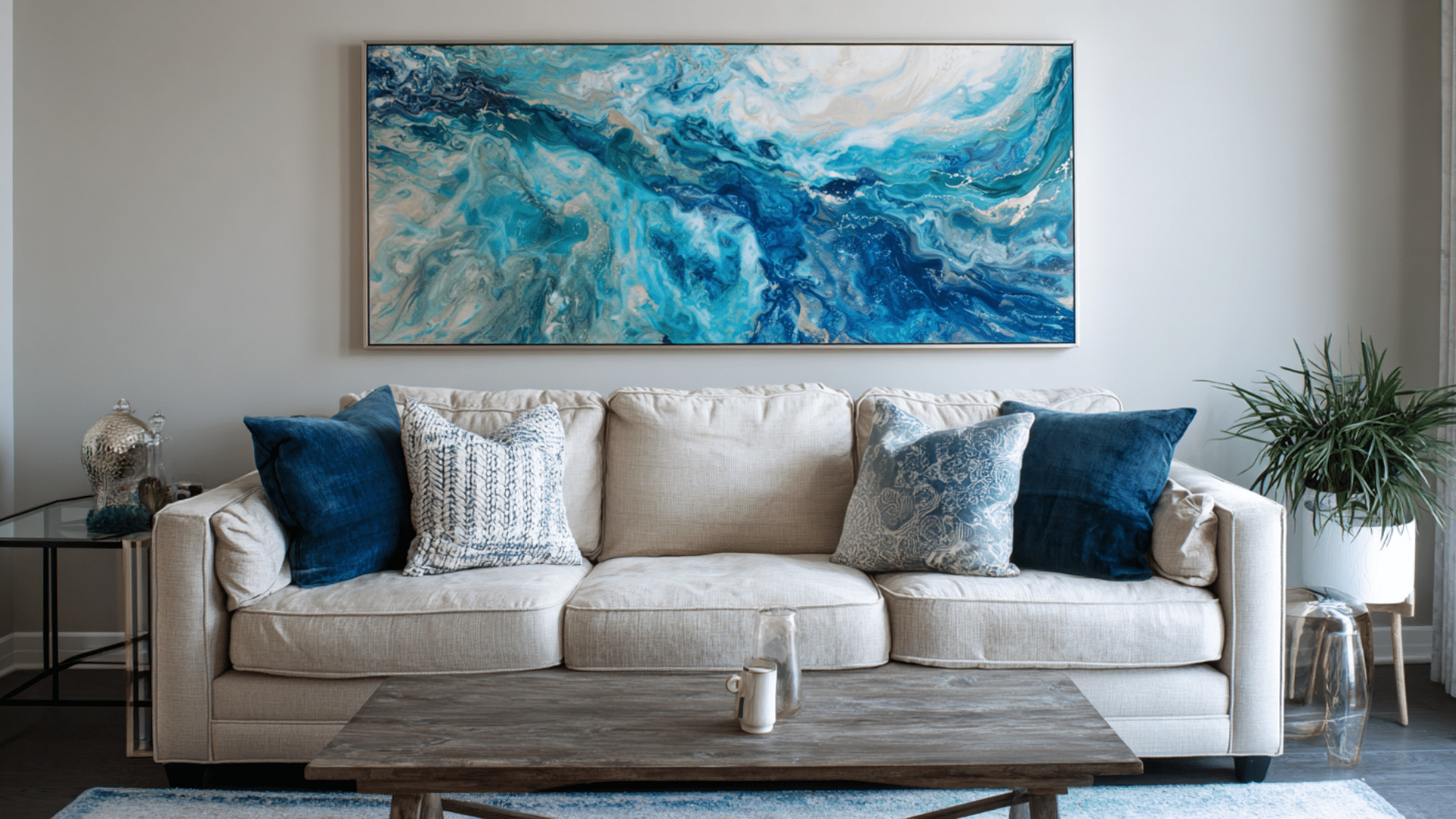 beige sofa with blue cushions wooden table and abstract ocean painting creating calm modern living room look