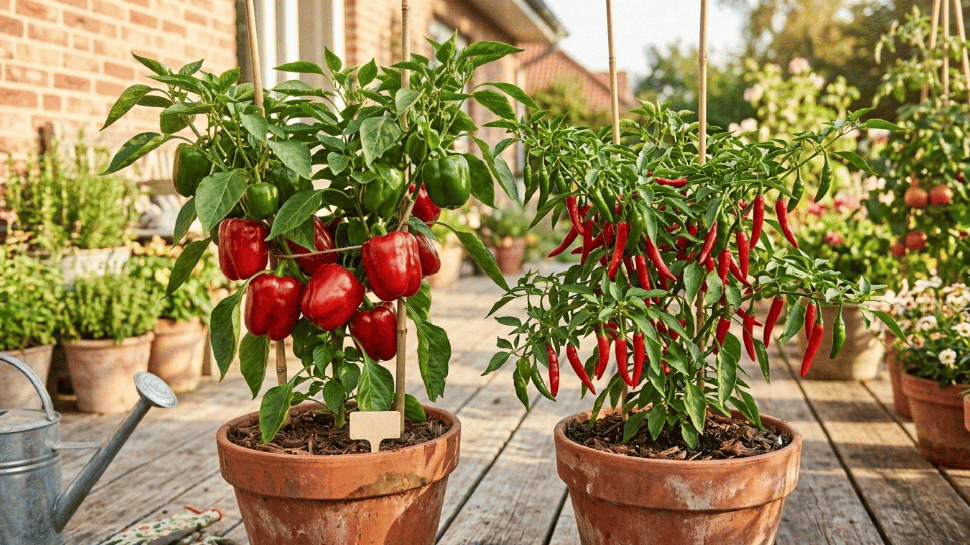 bell peppers and chili plants growing in pots with ripe vegetables in a sunny garden.