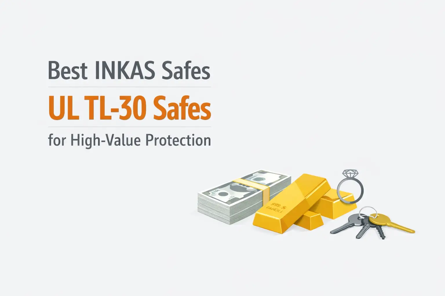 Stacks of cash, gold bars, diamond ring, and keys on light background