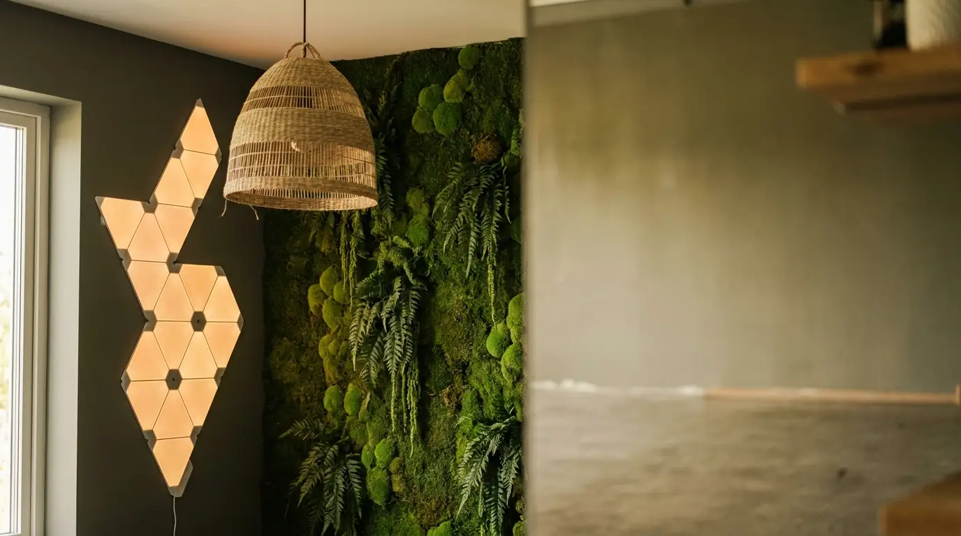 Wicker pendant light over vertical moss wall with hexagonal light panels in modern interior