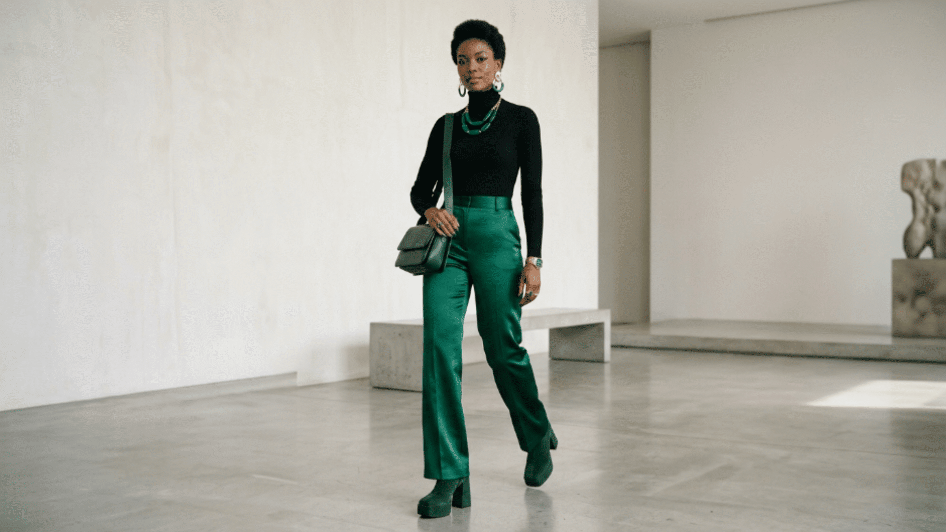 black and emerald green outfit with bold contrast for evening and formal styling
