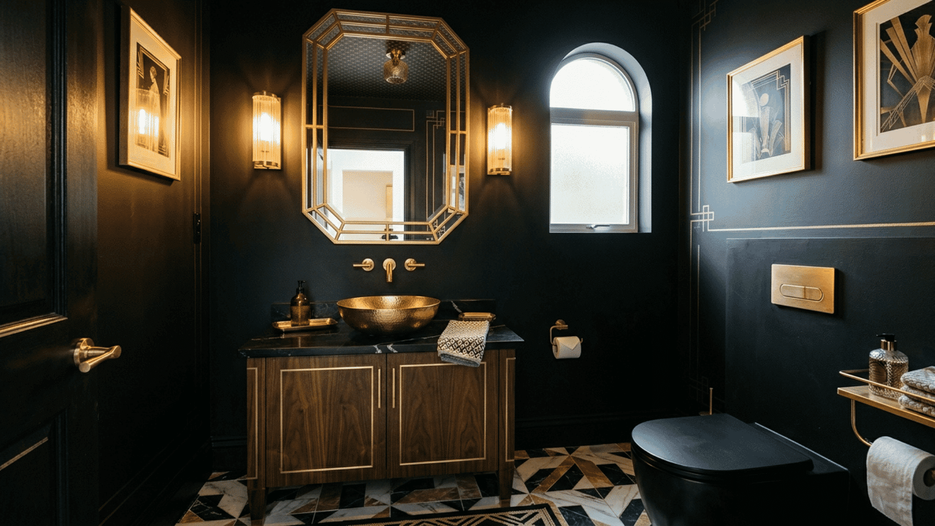 black and gold powder room with dark walls gold fixtures and compact vanity in art deco interior style setting
